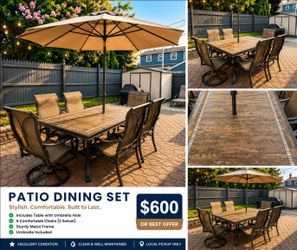 Patio Dining Set with Umbrella – 6 Chairs – Excellent Condition