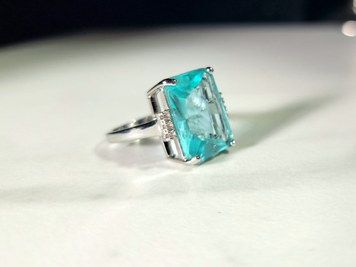 Brilliant Cut 12x16mm Blue Topaz Zirconia In Sterling Silver 925 Size 6 - 4.20 GRAMS