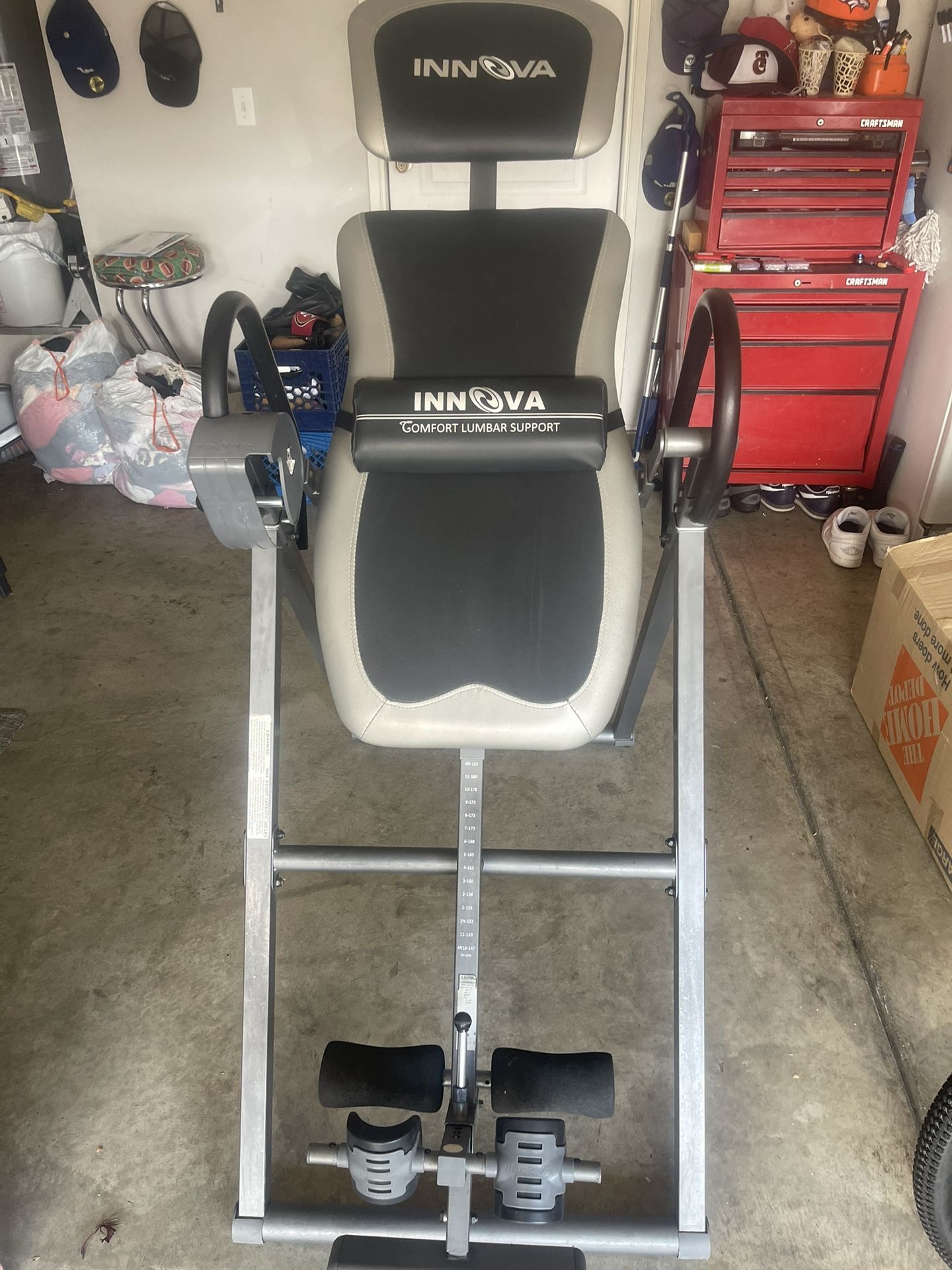 Innova inversion table with a comfort lumbar support cushion.