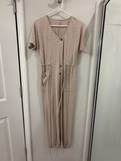 Beige Short Sleeve Button-Front Jumpsuit