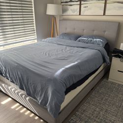 Grey Tufted Bed frame headboard and box spring