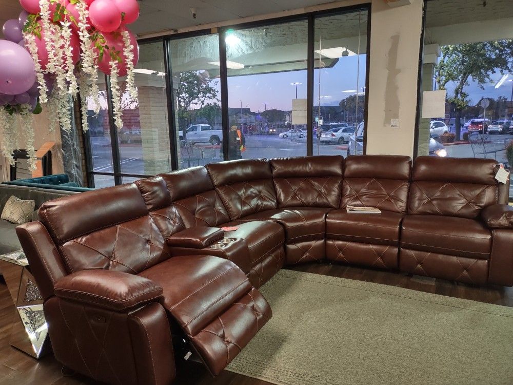 New Top Grain Real Leather 6pc Sectional Sofa With Three power Recliners And Three Power Headrests Dare To Compare