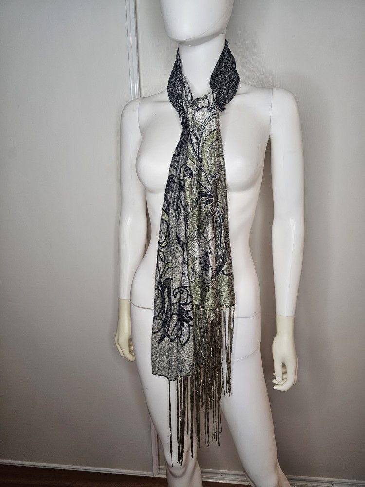 Vintage Chiffon Blk, Grey, And Silver Rectangle Fringe Scarf With Glitter
