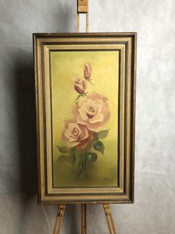 Vintage Floral Painting, Pink Roses, Signed Stone. Medium Wall Art Painting On Canvas, With Wood Frame