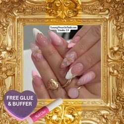 Pretty In Pink Almond 3D Art Flower & Gold French Press On Nails