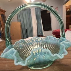 Fenton Sea Mist Green Opalescent Rose Basket (c.1980)