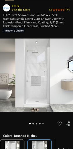KPUY Frameless Pivot Shower Door 32-34" W x 72" H Brushed Nickel