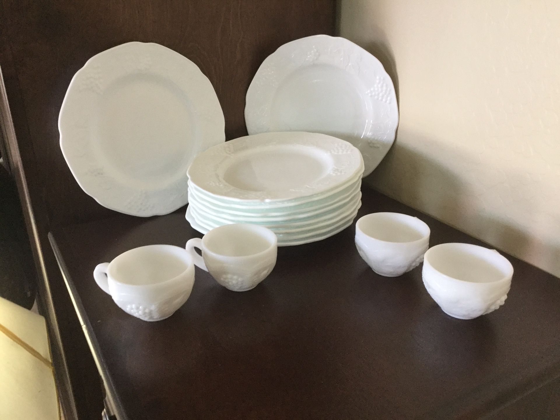 8 Vintage Milk Glass, grape pattern and 4 extra cups