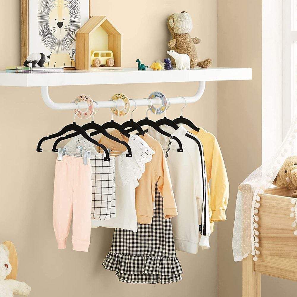 Set of 6 Baby, Toddler & Kid-Size Natural Wood Chrome Combo Hangers with  Pant Clips