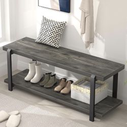 EXCEFUR Industrial Entryway Bench with Storage, Rustic Wood and Metal Shoe Rack Bench Seat, 47 Inch Grey