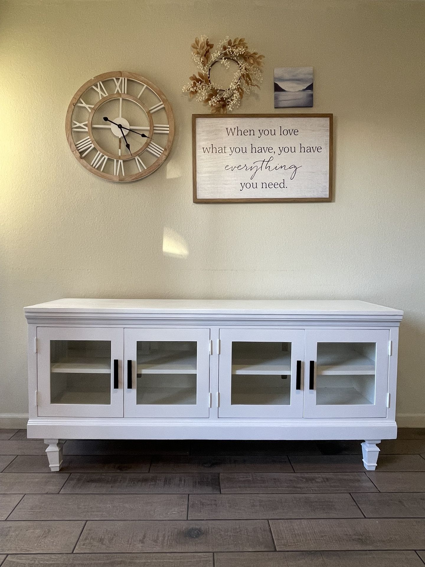 White TV Stand / Media Console with Glass Doors