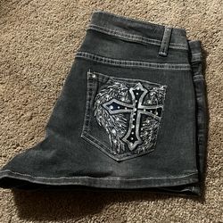 ROMWE Grunge Women's Cross Embroidery Rhinestone Denim Shorts