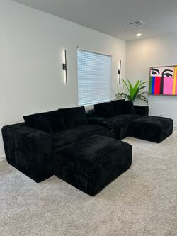 Like New Black Corduroy Sectional Sectional Sofa Couch With Bluetooth Speakers