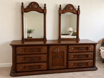 Vintage Ornate Wood Dresser with Double Mirrors – 72”