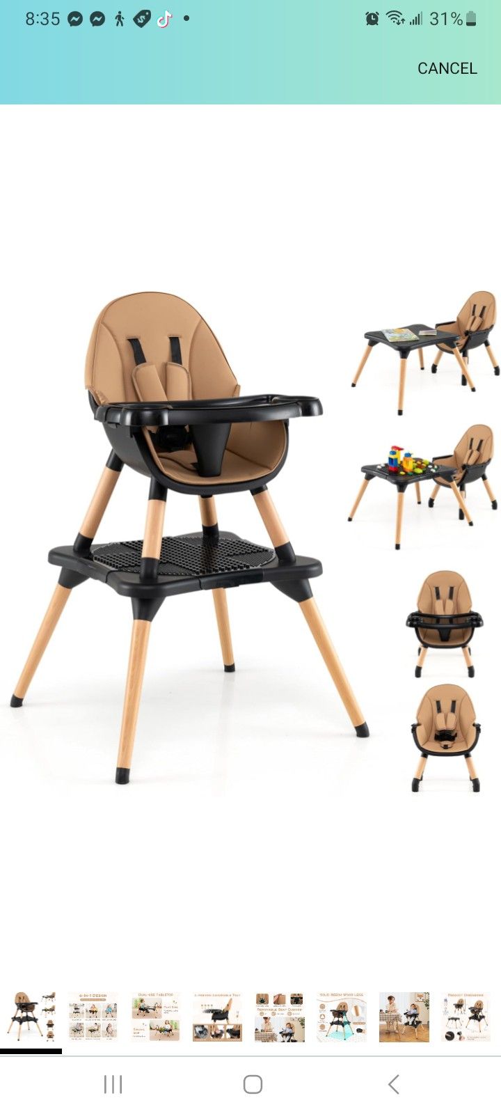 HONEY JOY Baby High Chair, 5-in-1 Convertible Wooden Highchair for Babies and Toddlers/Table and Chair Set/Booster Seat with Safety Harness, 4-Positio