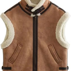 Womens Winter Fur Suede Vest Stand Collar Sleeveless Fleece Shearling Jacket Coat