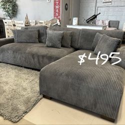 2-Pc Grey Corduroy Sectional Sofa 