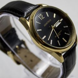 Armitron Watch Men 39mm Gold Tone Black Round Dial Date Leather Strap New Batt./