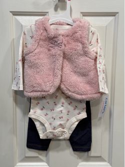 Girls 3pc Pink Faux Fur Vest Floral Bodysuit & Pants Set 9M
