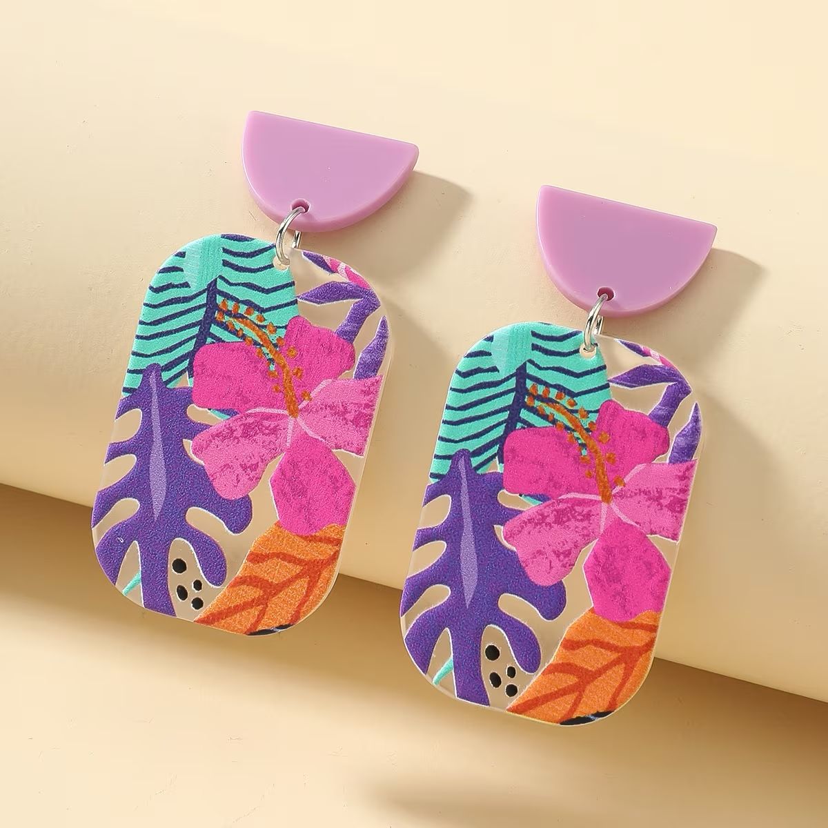 Boho Purple Vibrant Pink Hibiscus & Tropical Leaf Design Floral Acrylic Earrings
