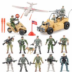 Brand SYUUKH 10PCS US Army Men Action Figures with SWAT Team, K9 Dog, ATV, Drone, Motorcycle & 14 Weapons - Military Action Figures, Army Toys, Toy So
