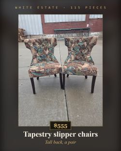 Pair of Tall Back Tapestry Slipper Chairs - Tufted, Nailhead Trim