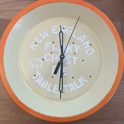 Vintage "New England Flaky Crust Pie - Table Talk" Pie Tin Clock  (Upcycled/Repurposed Embossed Metal) Ivory