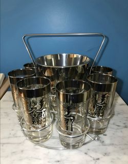 Vintage Set of 7 MCM Kimiko Silver Heraldic Highball Glassware Barware Caddy