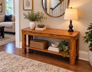 Beautiful Wood Console Table with Decorative Inlay & Lower Shelf!