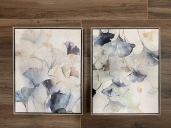 Blue Taupe Ivory White Set of 2 Canvas Paintings