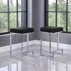 Jupiter Lane 25 in. H Black / Faux Leather Backless Metal Counter Height Stools with Silver Base (Set of 2)