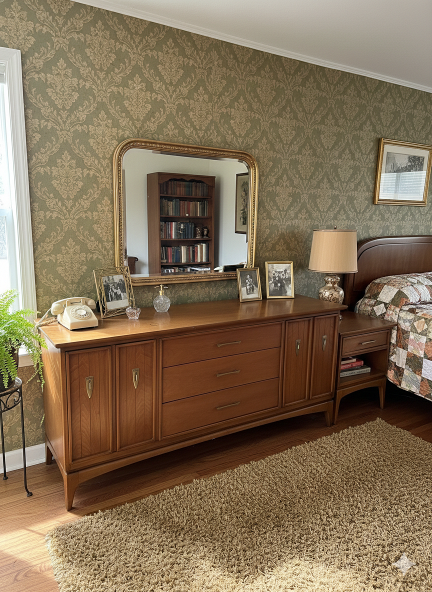 Vintage MCM Dresser with Mirror and Night Stand