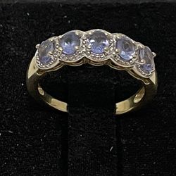 Signed 925 QJ India Gold Plated on Silver Wedding Ring with Amethysts ~ Size 10