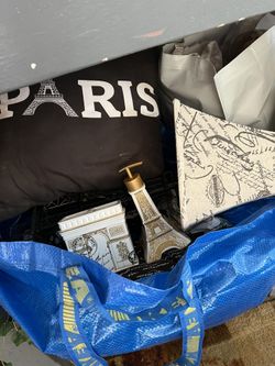 Bag Of Paris Stuff Two Lamps Bathroom Assecories Bedding Pillows