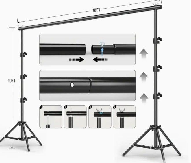 Brand New - 10x10 ft. Backdrop Stand, Adjustable Background Support Kit with 4 Clamps