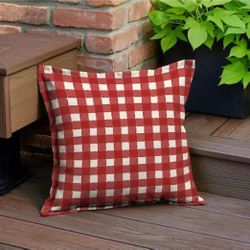 Hampton Bay 18 x 18 Watercolor Gingham Chili Outdoor Square Throw Pillow with Flange