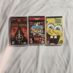 3 psp games tested and working NEO GEO SNK ARCADE CLASSICS,SPONGBOB'S,THE LORD OF THE RINGS TACTICS