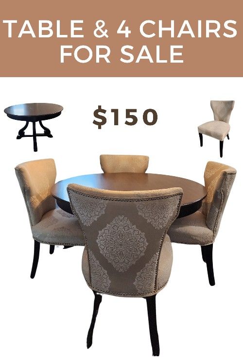 Elegant Round Dining Table Set w/ 4 Upholstered Chairs - Good Condition!