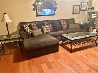 Living Room Furniture Set - L-Shaped Couch, Coffee Table, End Table, Pillows