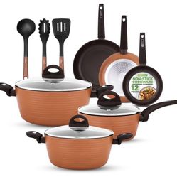 NutriChef 12-Piece Nonstick Cookware Set – Brown, PFOA-Free, Compatible with All Stovetops
