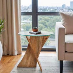 Brown 20 in. Round Glass Top Criss Cross Accent Table.   Liv & Skye Model # 21615  L-4853