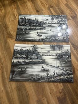 Two large Wood Effect River view Rustic Farmhouse Decor Arts