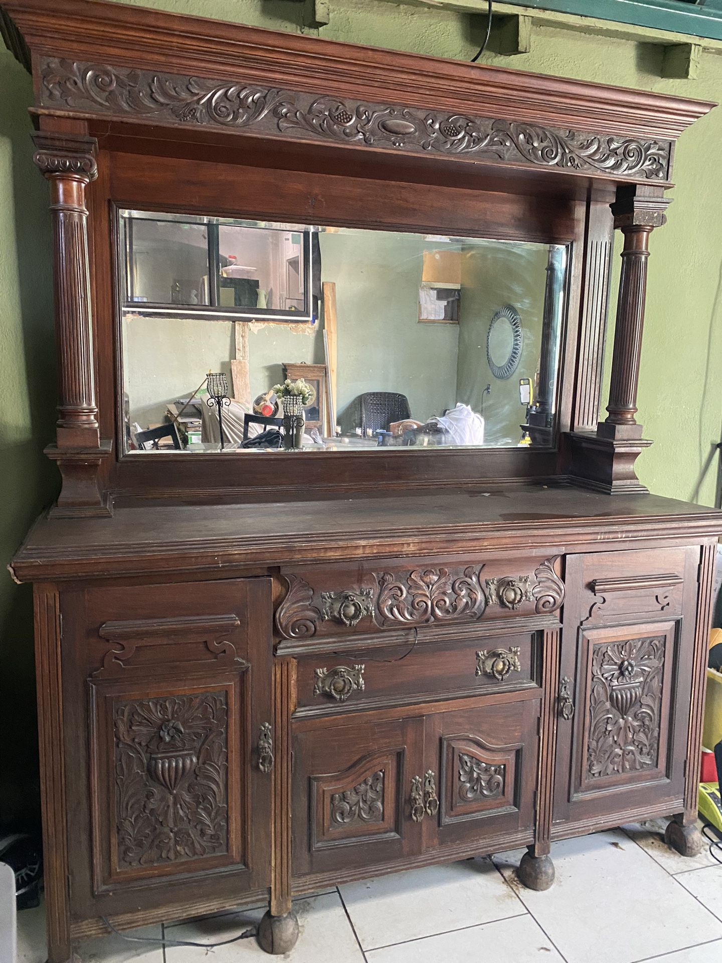Large Brown Antique Mirror With Drawers/Storage Space