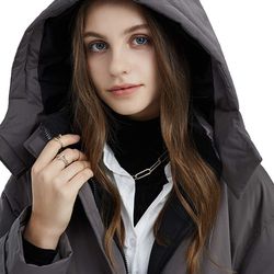 Womens Down Jacket with Hood Mid Length Long Witer Coat (L)