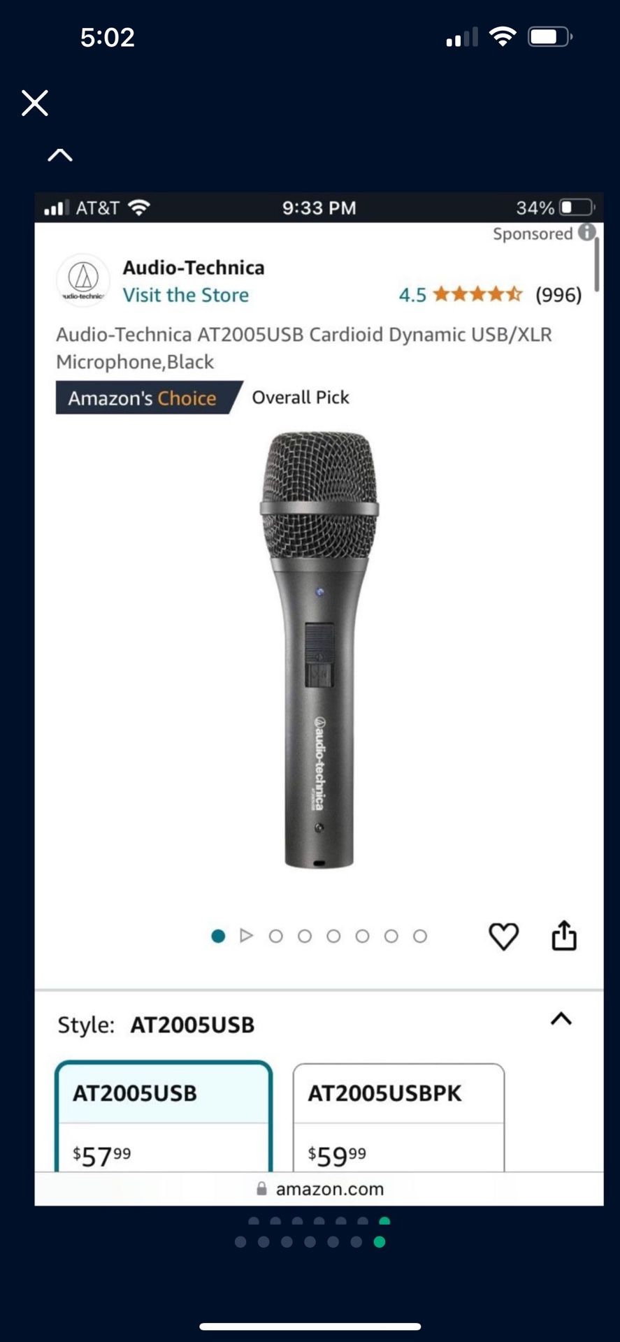 Audio-Technica AT2005USB Cardioid Dynamic USB/XLR Microphone, Black