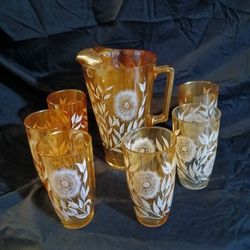 Amber Antique Picture And Six Glasses