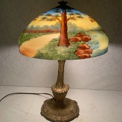 Antique Lamp By The Lake Reverse Hand Painted 