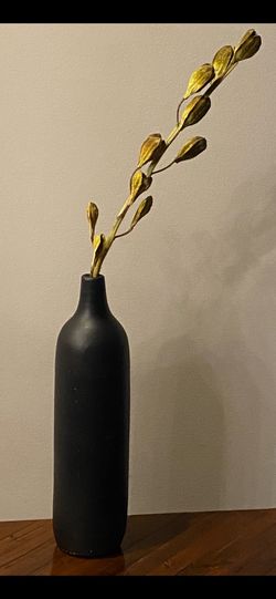 IKEA Matte Black Textured Ceramic Vase For Minimalistic Decor Including Silk Leaf H18”