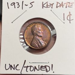 RARE UNCIRCULATED KEY DATE 1931-S TONED LINCOLN WHEAT CENT!!