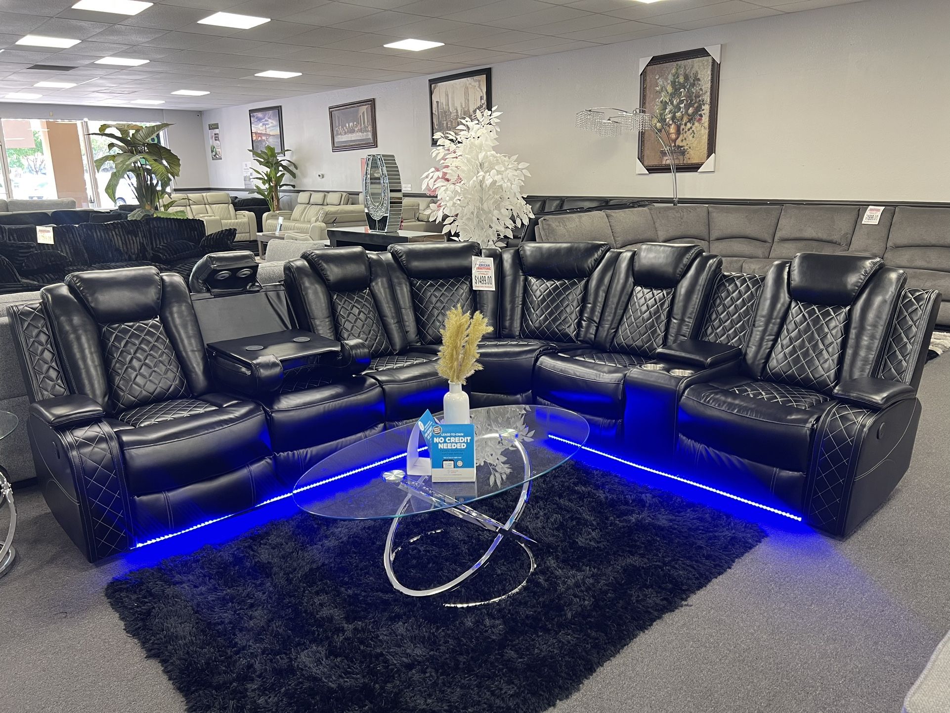 Black Leather Sofa Sectional w/ LED Lights